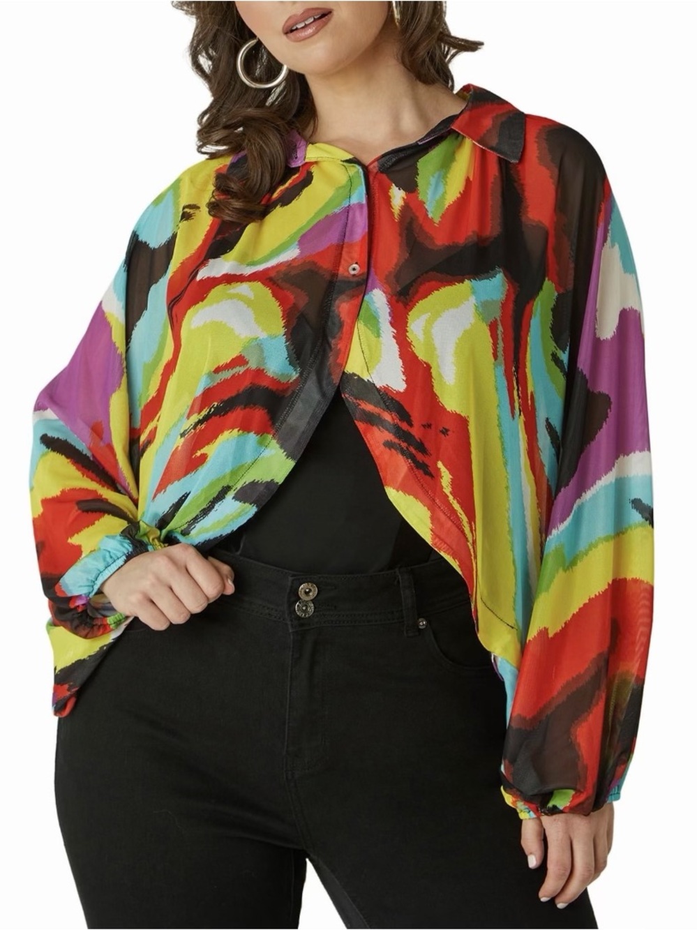 Colorful Abstract Print Button Collared Shrug Top - Picture 2 of 3
